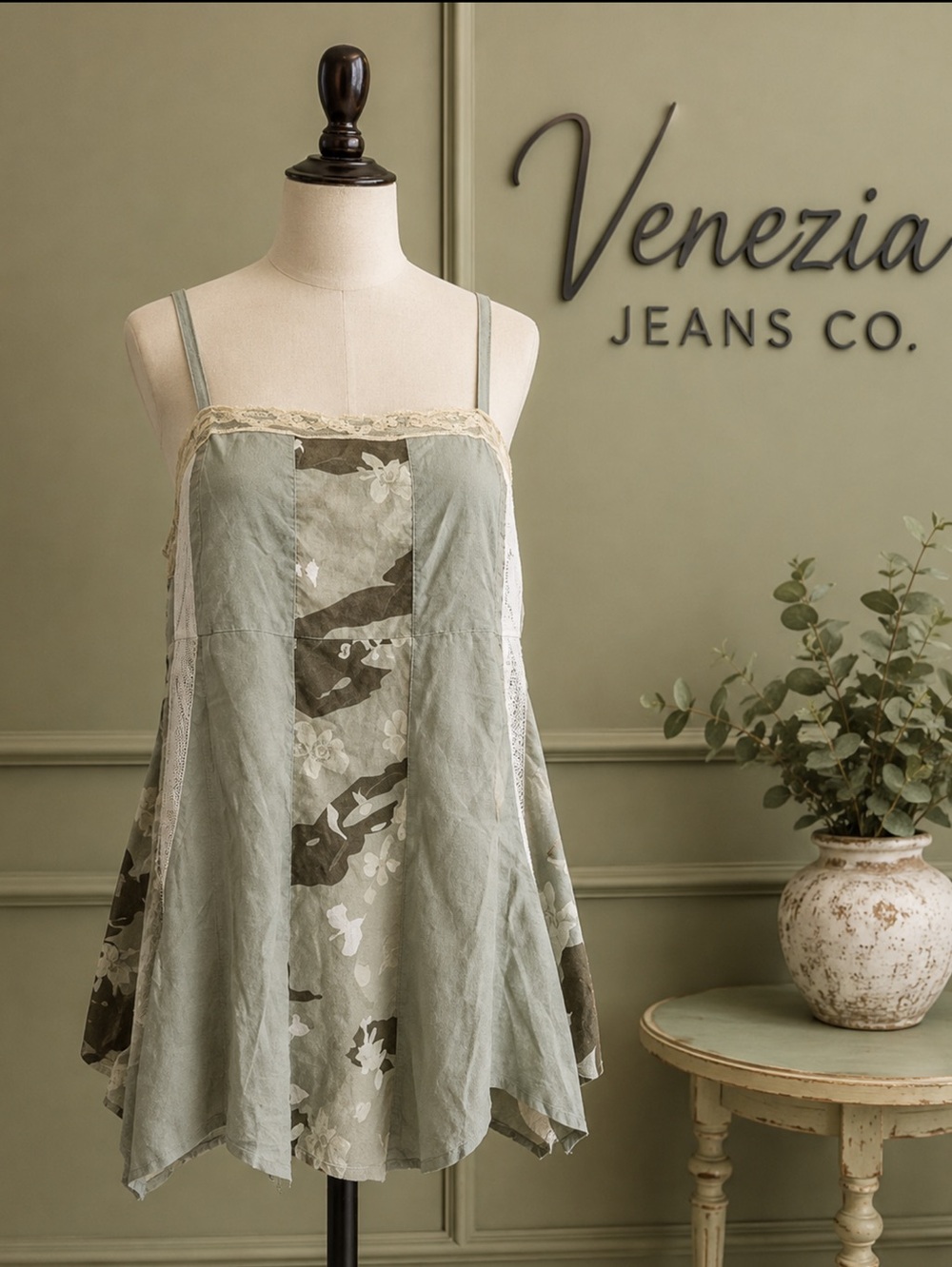Vintage Y2K Venezia Sage Green Floral Lace-Trim Chemise